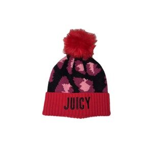 Juicy Couture Leopard Print Embroidered Beanie with Pom-Pom in Pink Red Magenta
